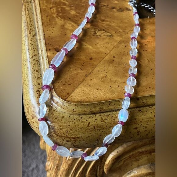 Natural Rainbow Moonstone Ruby Sterling Silver Beaded Necklace - Picture 7 of 10